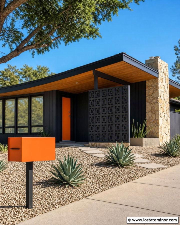 Black Midcentury House With Orange Mailbox - 30 Black House Design With Mailbox Ideas