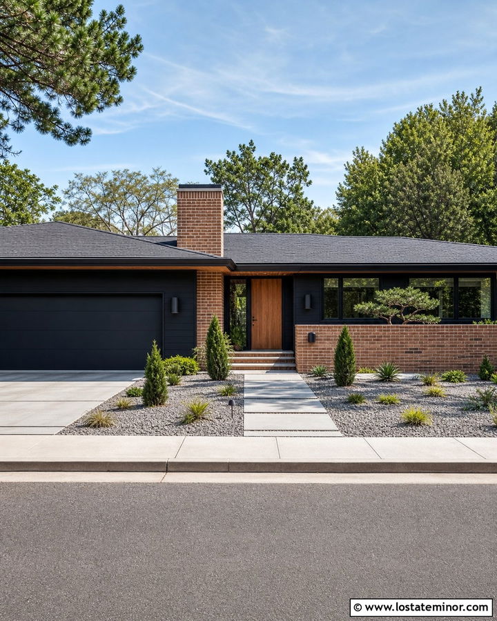 Black Midcentury House With Roman Brick - 30 Black House Design With Brick Accents Ideas