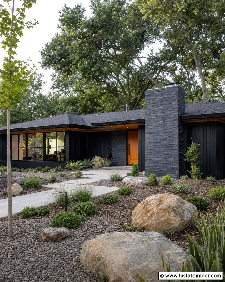 Black Midcentury House With Slate Stone - 30 Black House Design With Stone Accents Ideas