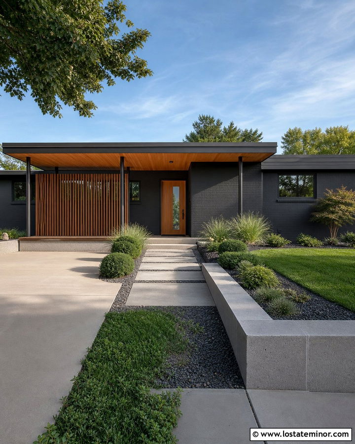 Black Midcentury House With Slatted Portico - 30 Black House Design With Portico Ideas