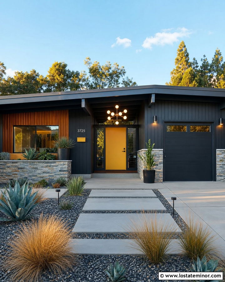 Black Midcentury House With Sputnik Porch Light - 30 Black House Design With Light Fixtures Ideas