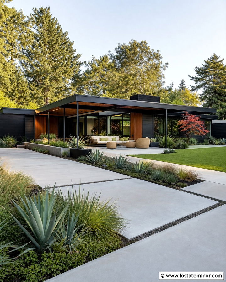 Black Midcentury House With Steel Pergola - 30 Black House Design With Pergola Ideas