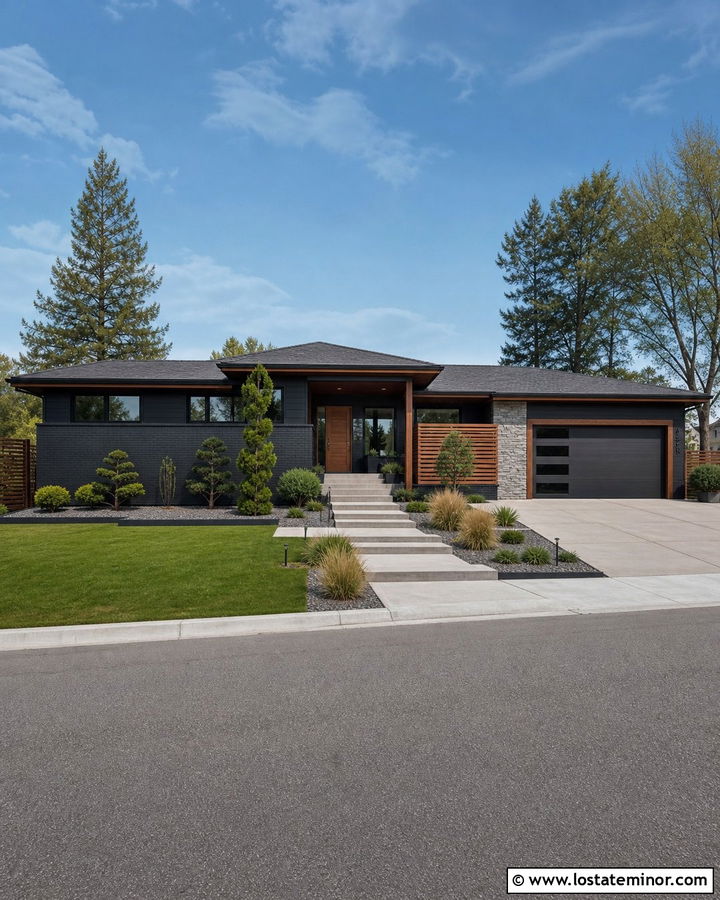Black Midcentury House With Walnut Trim - 30 Black House Design With Trim Ideas
