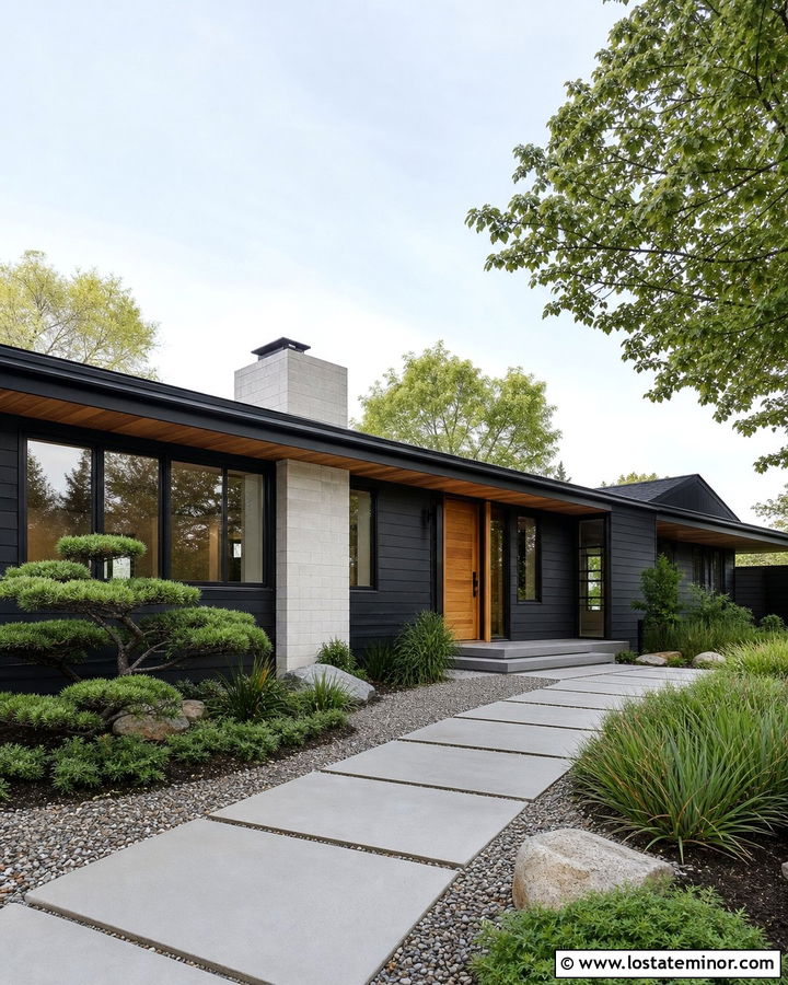 Black Midcentury House With Wood Soffits - 30 Black House Design With Siding Ideas