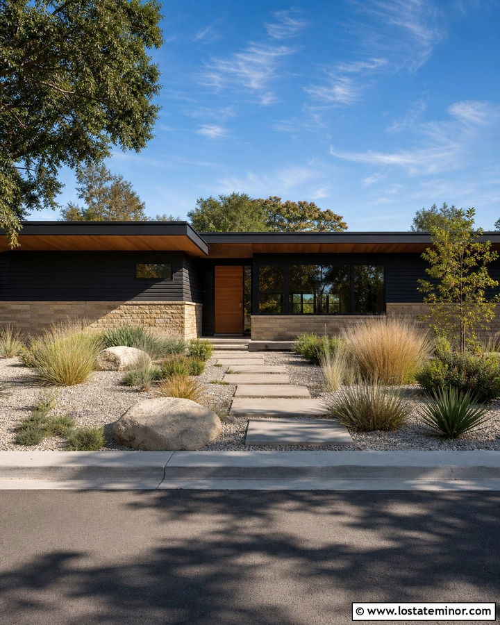 Black Midcentury Modern House With Buff Stone Wainscoting - 30 Black House Design With Wainscoting Ideas
