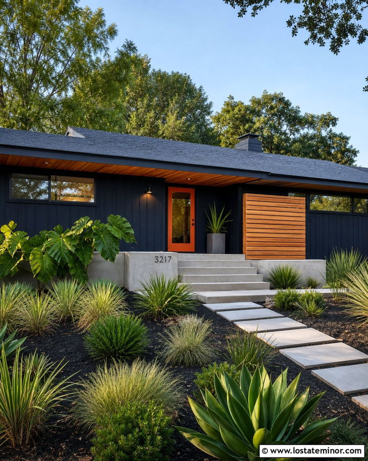 Black Midcentury Modern House With Orange Storm Door - 30 Black House Design With Storm Door Ideas