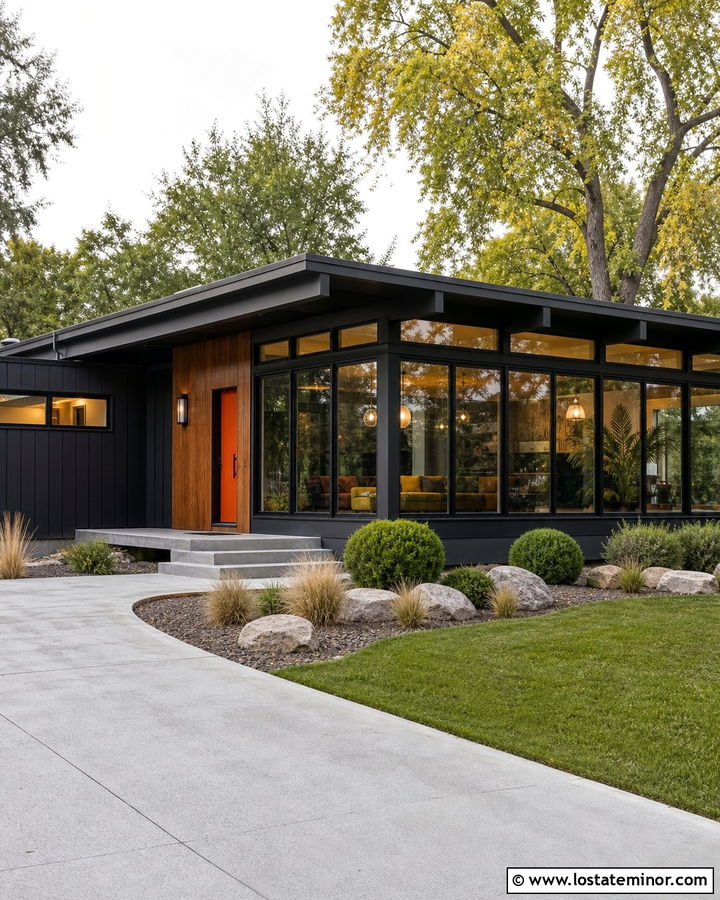 Black Midcentury Modern House With Sunroom - 30 Black House Design With Sunroom Ideas