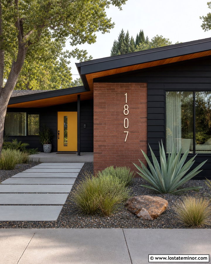 Black Midcentury Modern House With Vertical House Numbers - 30 Black House Design With House Numbers Ideas