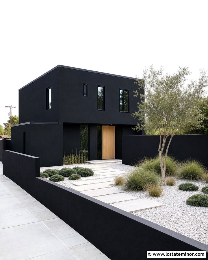 Black Minimalist House With Courtyard Yard - 30 Black House Design With Front Yard Ideas
