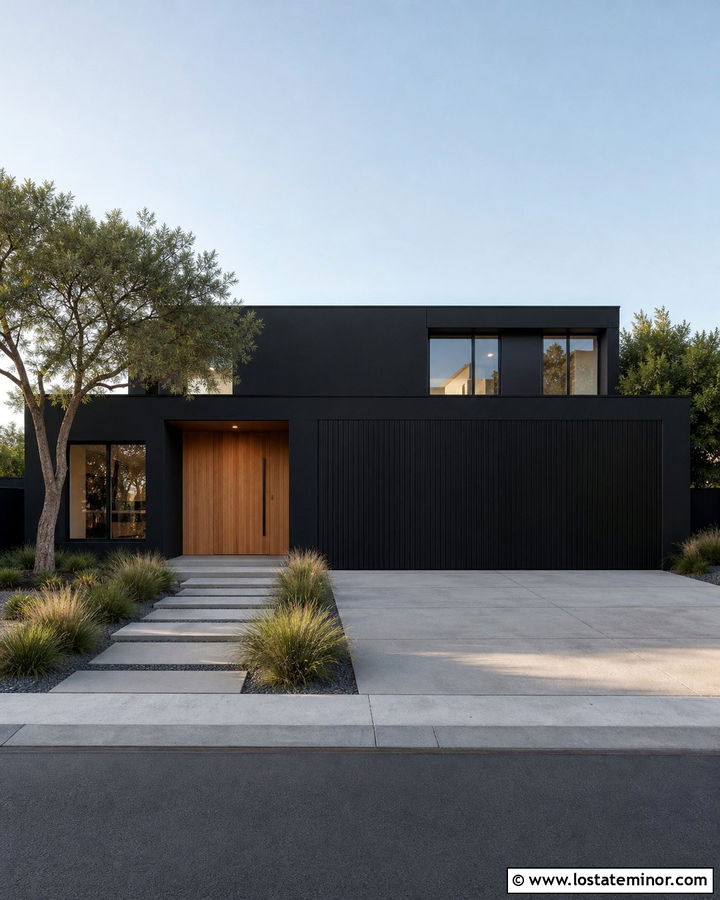 Black Minimalist House With Hidden Garage Door - 30 Black House Design With Garage Door Ideas