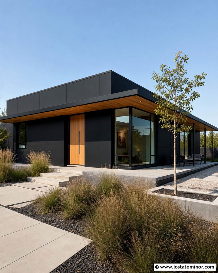 Black Minimalist House With Wraparound Awning - 30 Black House Design With Awning Ideas