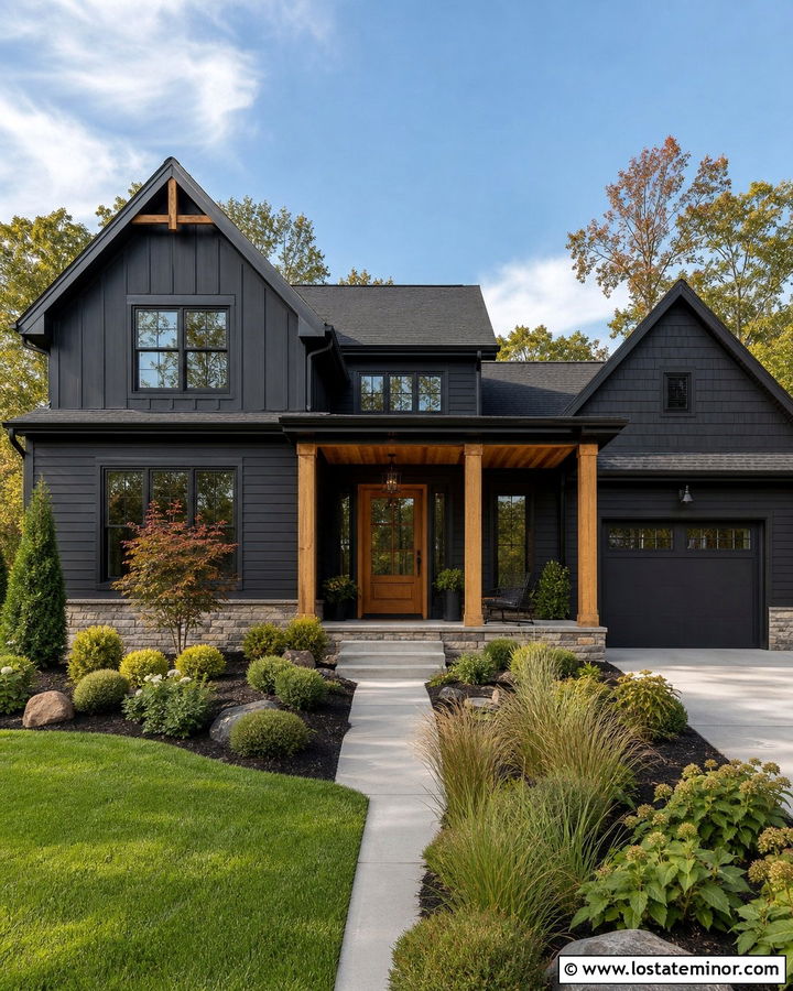 Black Mixed Siding House With Wood Columns - 30 Black House Design With Porch Columns Ideas
