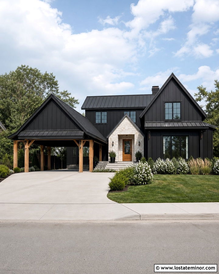 Black Modern Farmhouse With Attached Carport - 30 Black House Design With Carport Ideas