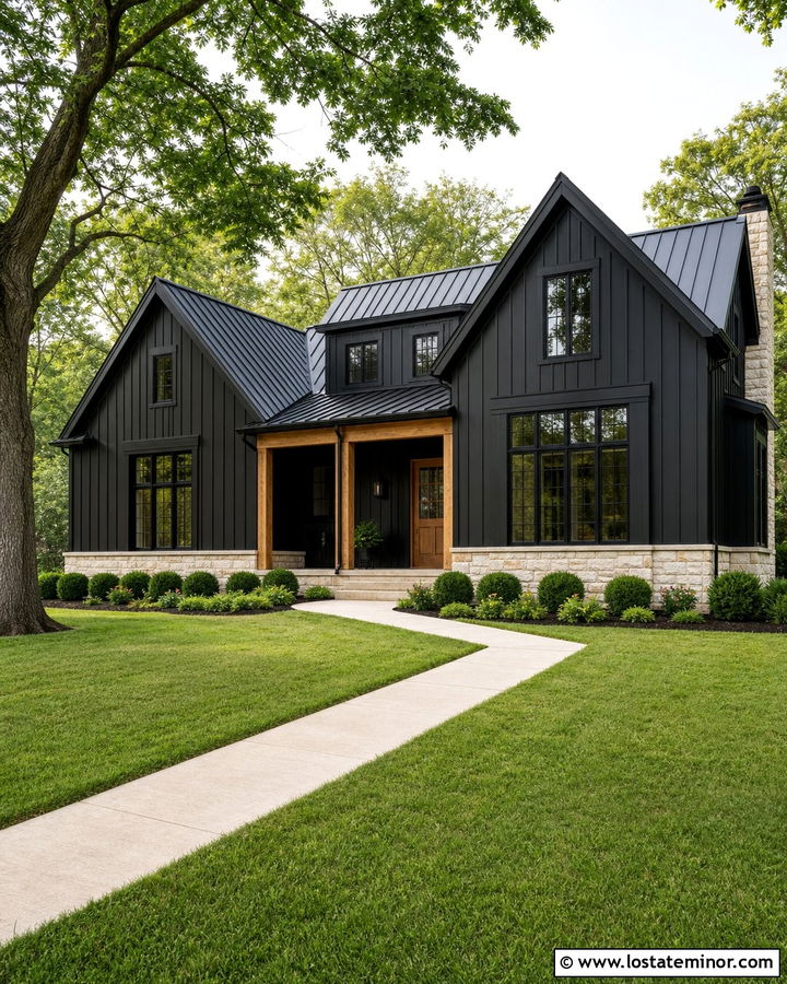 Black Modern Farmhouse With Black Window Frames - 30 Black House Design With Window Frames Ideas