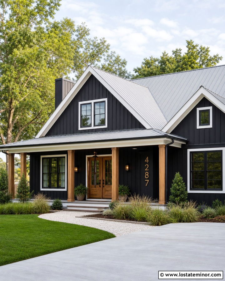 Black Modern Farmhouse With Brass House Numbers - 30 Black House Design With House Numbers Ideas