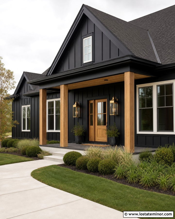 Black Modern Farmhouse With Brass Lanterns - 30 Black House Design With Light Fixtures Ideas