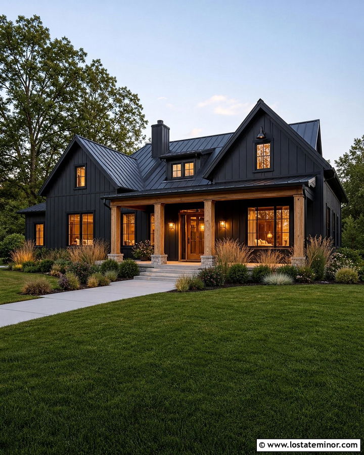 Black Modern Farmhouse With Brass Sconces - 30 Black House Design With Lighting Ideas