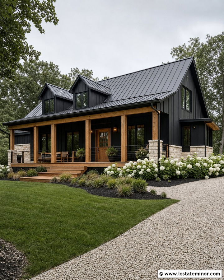 Black Modern Farmhouse With Cedar Deck - 30 Black House Design With Deck Ideas