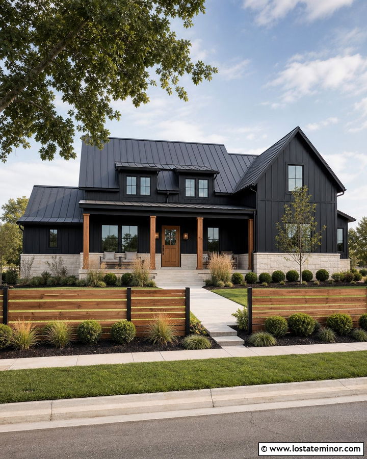 Black Modern Farmhouse With Cedar Fence - 30 Black House Design With Fence Ideas