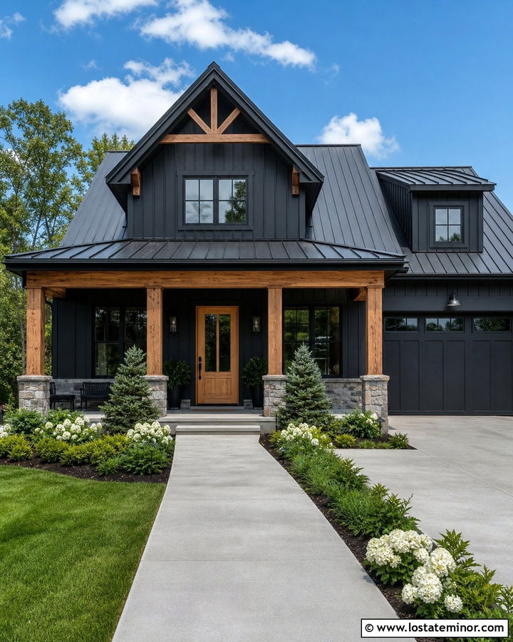 Black Modern Farmhouse With Cedar Front Door - 30 Black House Design With Entry Door Ideas