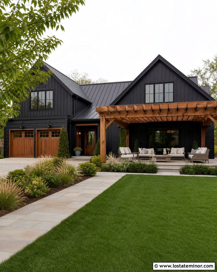 Black Modern Farmhouse With Cedar Pergola - 30 Black House Design With Pergola Ideas