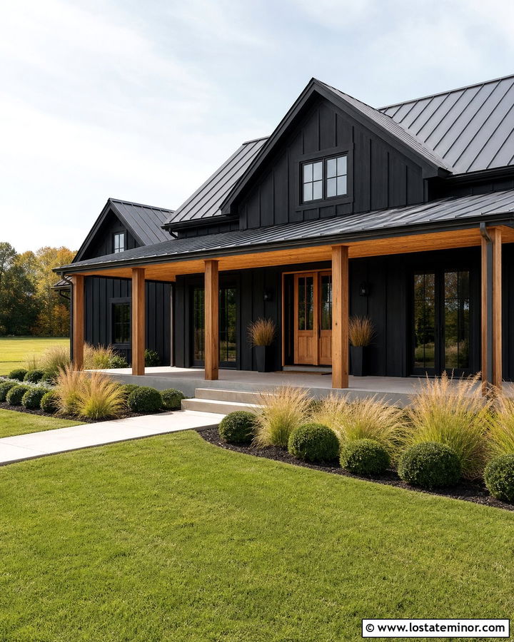 Black Modern Farmhouse With Cedar Porch Ceiling - 30 Black House Design With Porch Ceiling Ideas