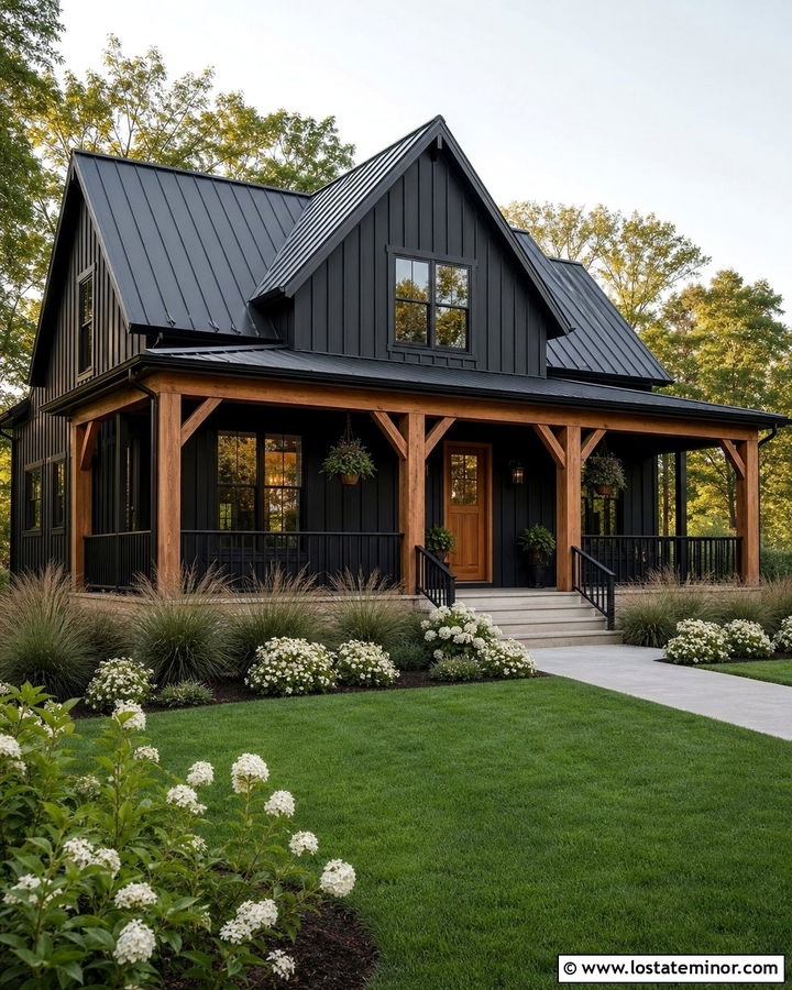 Black Modern Farmhouse With Cedar Porch Columns - 30 Black House Design With Porch Columns Ideas