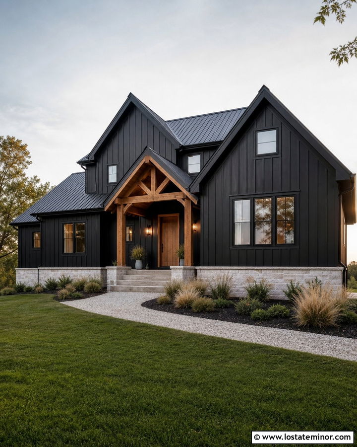 Black Modern Farmhouse With Cedar Portico - 30 Black House Design With Portico Ideas