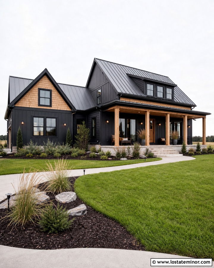 Black Modern Farmhouse With Cedar Shake Gables - 30 Black House Design With Cedar Shake Ideas