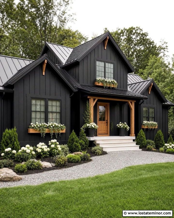 Black Modern Farmhouse With Cedar Window Boxes - 30 Black House Design With Window Boxes Ideas