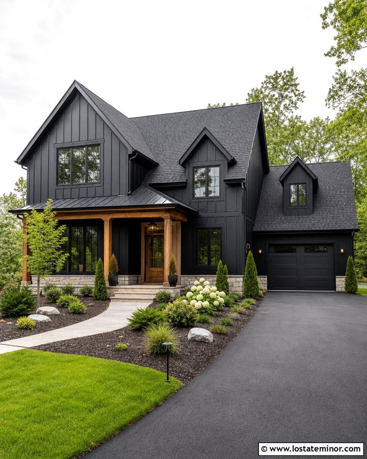 Black Modern Farmhouse With Charcoal Shingles - 30 Black House Design With Shingles Ideas