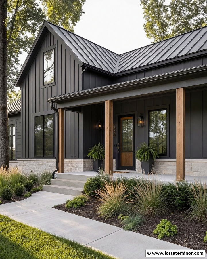 Black Modern Farmhouse With Full View Storm Door - 30 Black House Design With Storm Door Ideas