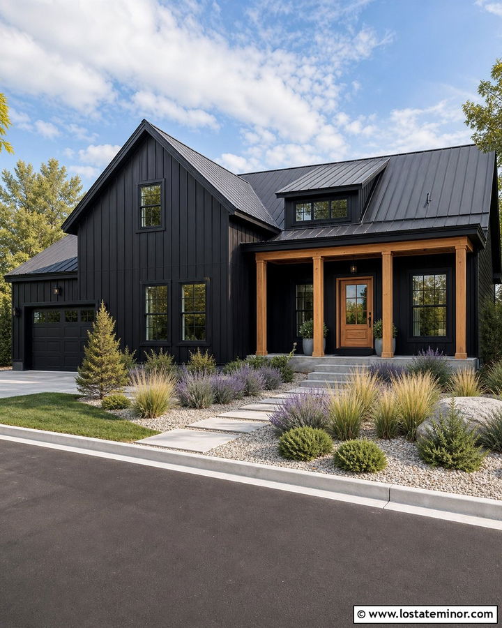 Black Modern Farmhouse With Gravel Front Yard - 30 Black House Design With Front Yard Ideas