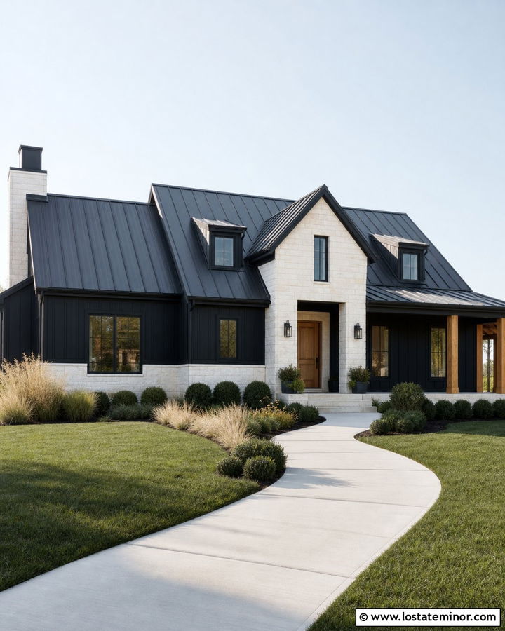 Black Modern Farmhouse With Limestone - 30 Black House Design With Stone Accents Ideas