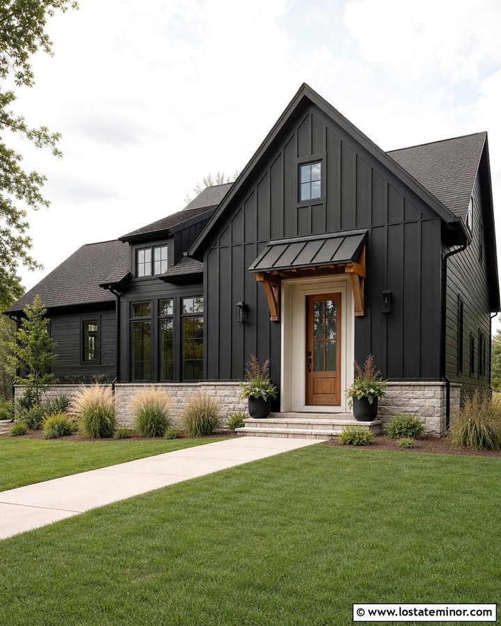 Black Modern Farmhouse With Metal Door Awning - 30 Black House Design With Awning Ideas