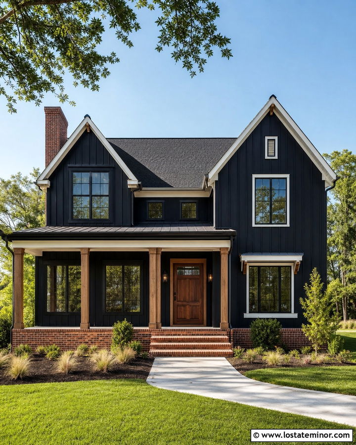 Black Modern Farmhouse With Red Brick - 30 Black House Design With Brick Accents Ideas