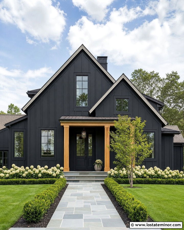 Black Modern Farmhouse With White Hydrangeas - 30 Black House Design With Landscaping Ideas