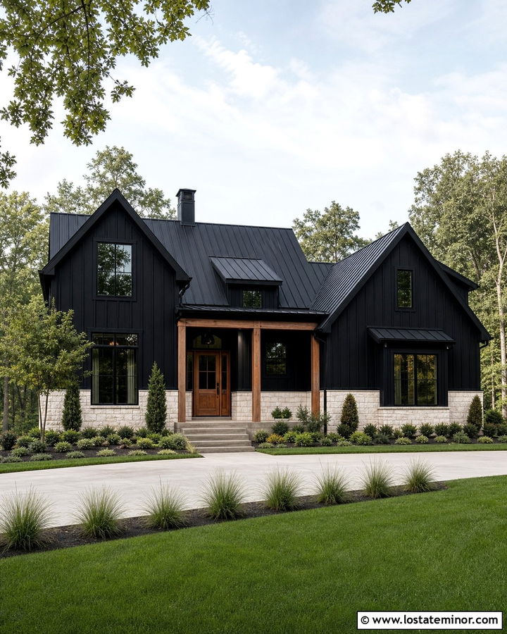 Black Modern Farmhouse With White Limestone Wainscoting - 30 Black House Design With Wainscoting Ideas