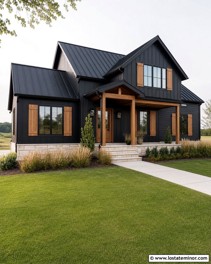 Black Modern Farmhouse With Wood Shutters - 30 Black House Design With Shutters Ideas