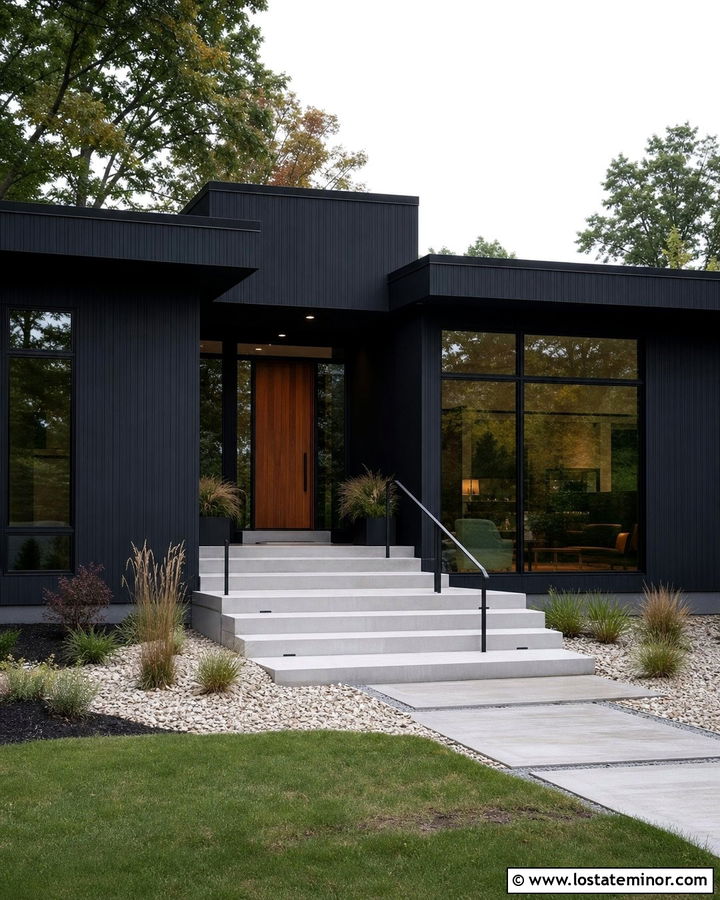 Black Modern House With Concrete Steps - 30 Black House Design With Steps Ideas