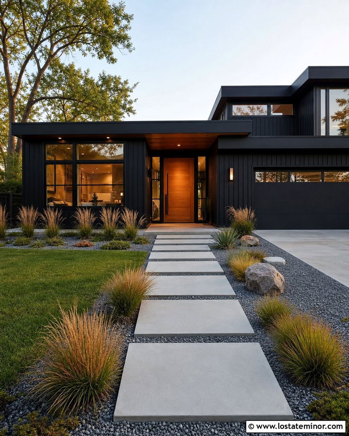 Black Modern House With Concrete Walkway - 30 Black House Design With Walkway Ideas