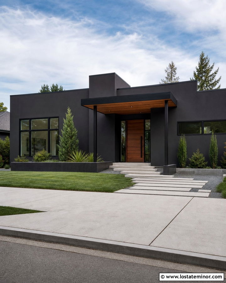 Black Modern House With Flat Roof Portico - 30 Black House Design With Portico Ideas