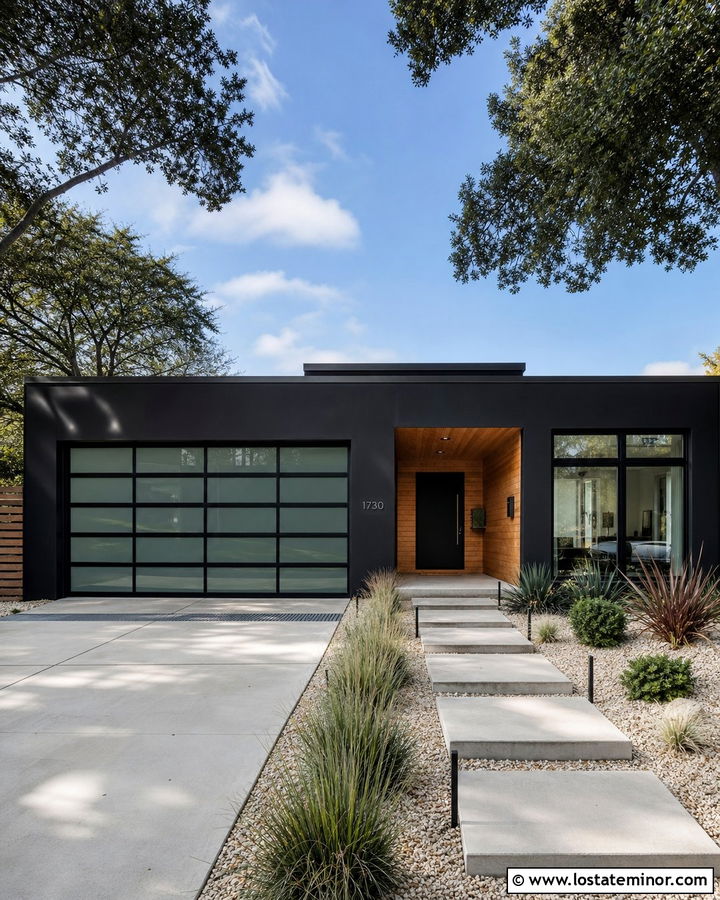 Black Modern House With Glass Garage Door - 30 Black House Design With Garage Door Ideas