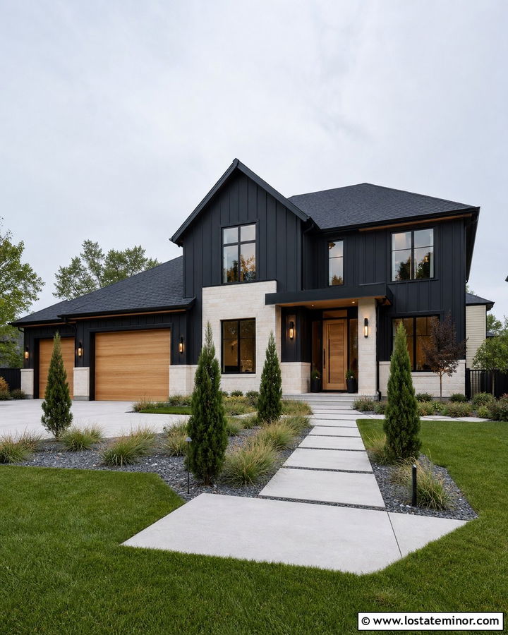 Black Modern House With Limestone Wainscoting - 30 Stone House Design With Wainscoting Ideas
