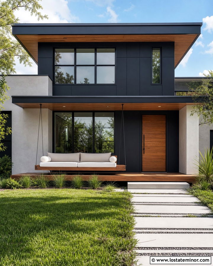 Black Modern House With Platform Swing - 30 Black House Design With Swing Ideas