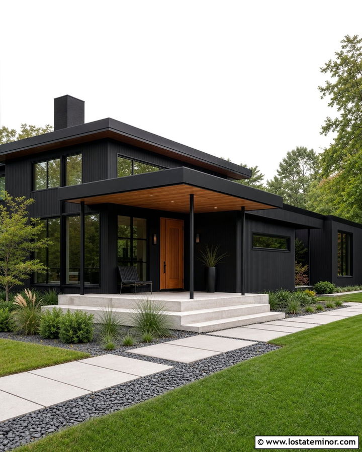 Black Modern House With Steel Porch Columns - 30 Black House Design With Porch Columns Ideas