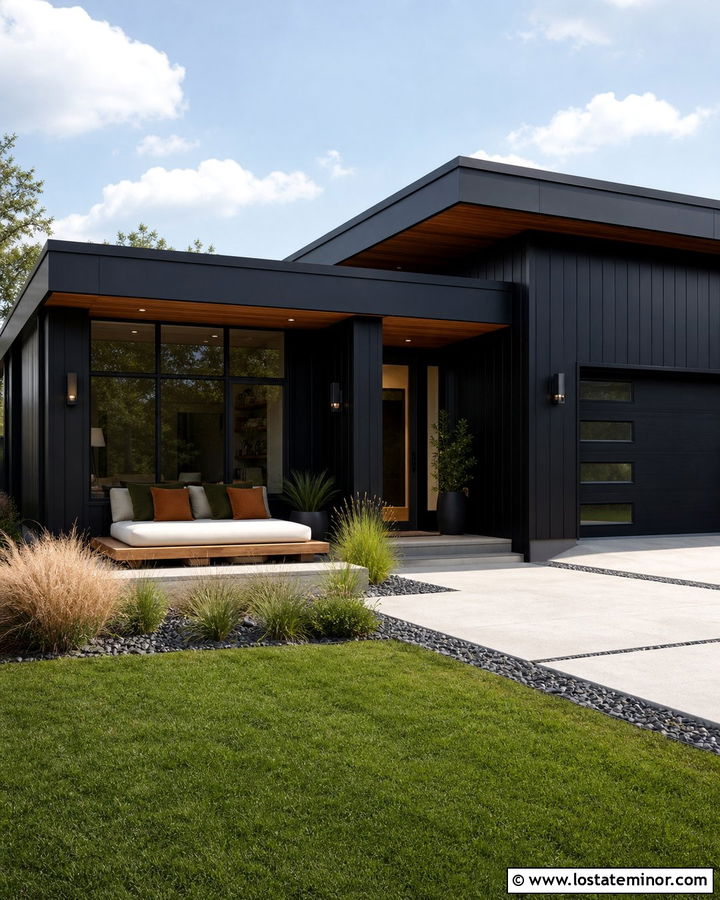 Black Modern House With Wood Daybed - 30 Black House Design With Daybed Ideas
