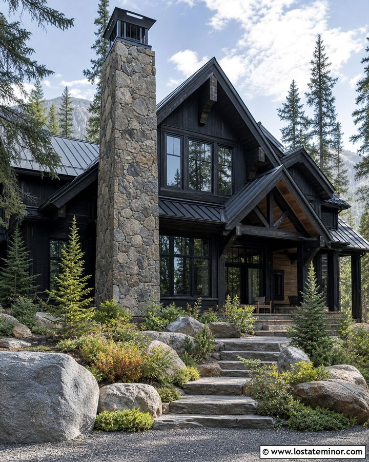 Black Mountain House With Boulder Chimney - 30 Black House Design With Chimney Ideas
