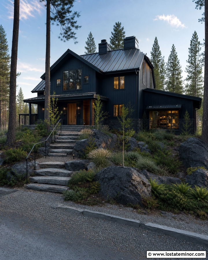 Black Mountain House With Boulder Steps - 30 Black House Design With Steps Ideas