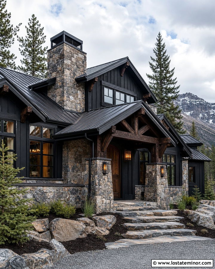 Black Mountain House With Boulder Stone - 30 Black House Design With Stone Accents Ideas